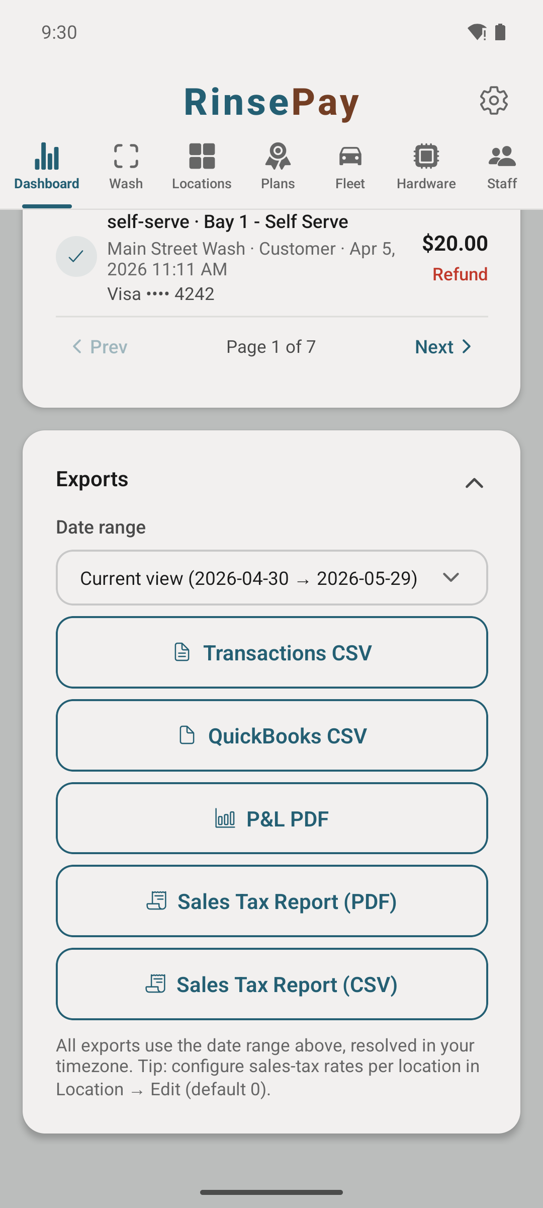 Owner dashboard with export options.