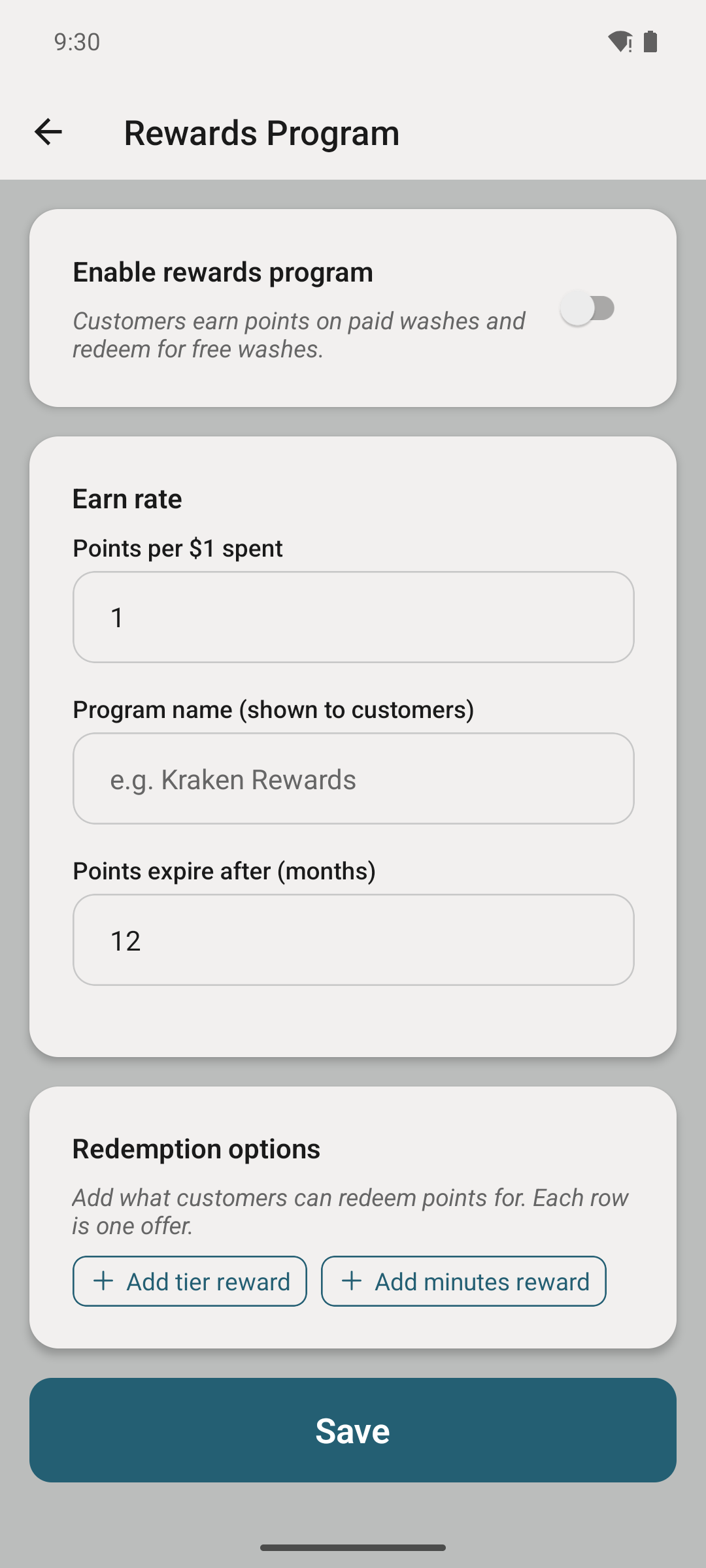 Rewards and points settings.